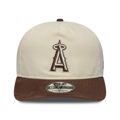 LA Angels MLB Suede Visor Cream New Era 9FIFTY A-Frame Adjustable Cap, front view showing a brown raised embroidered Angels logo on the cream front panel, with a brown suede visor and a 9FIFTY size sticker on the visor.