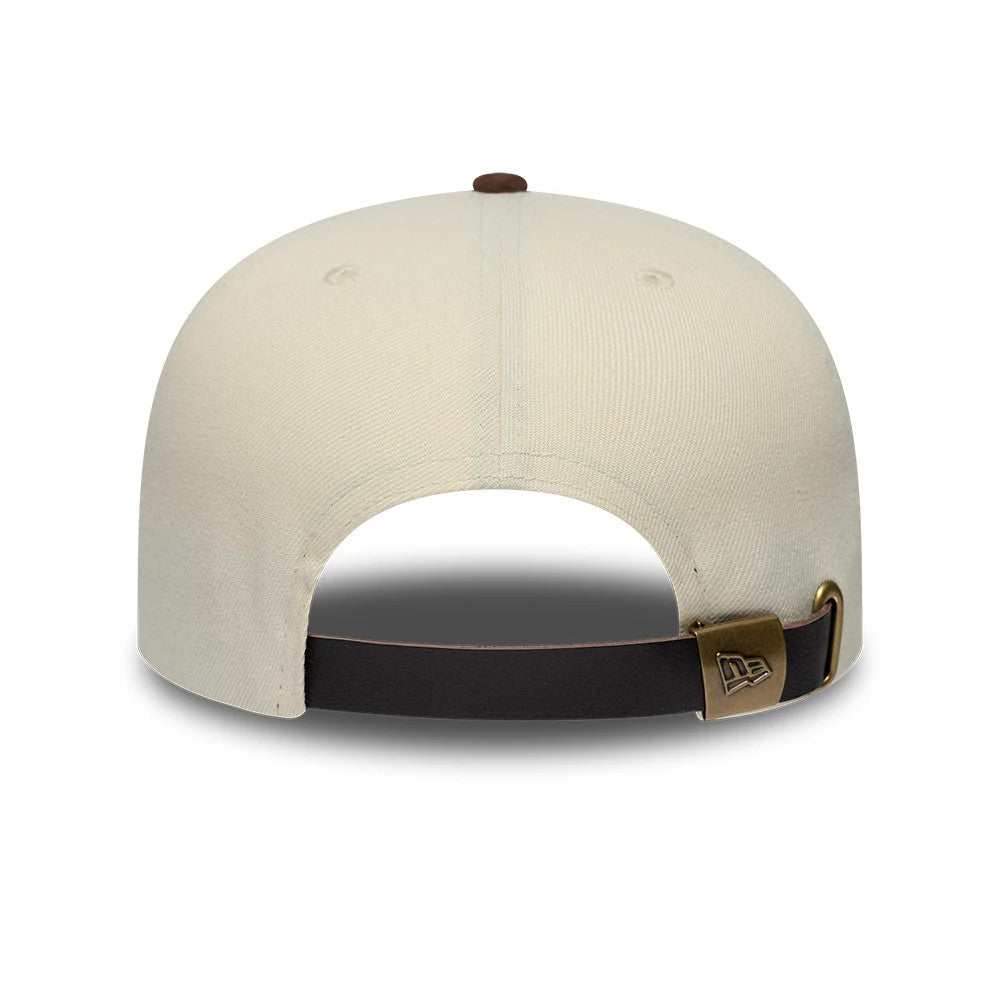 LA Angels MLB Suede Visor Cream New Era 9FIFTY A-Frame Adjustable Cap, rear view showing a brown faux leather strap with a brass-toned clasp, cream-coloured structured crown with brown top button and matching eyelets.