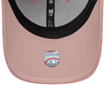 New York Yankees Womens MLB Pastel Cord Pink New Era 9FORTY M-Crown Adjustable Cap, inside view showing a black sweatband, grey taping with white New Era branding, and a round authenticity sticker on the pink undervisor.