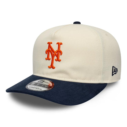 New York Mets MLB Suede Visor Cream New Era 9FIFTY A-Frame Adjustable Cap, three-quarter view showing the orange raised embroidery Mets logo on the front panel, with a dark blue suede visor and the New Era flag logo on the left side.