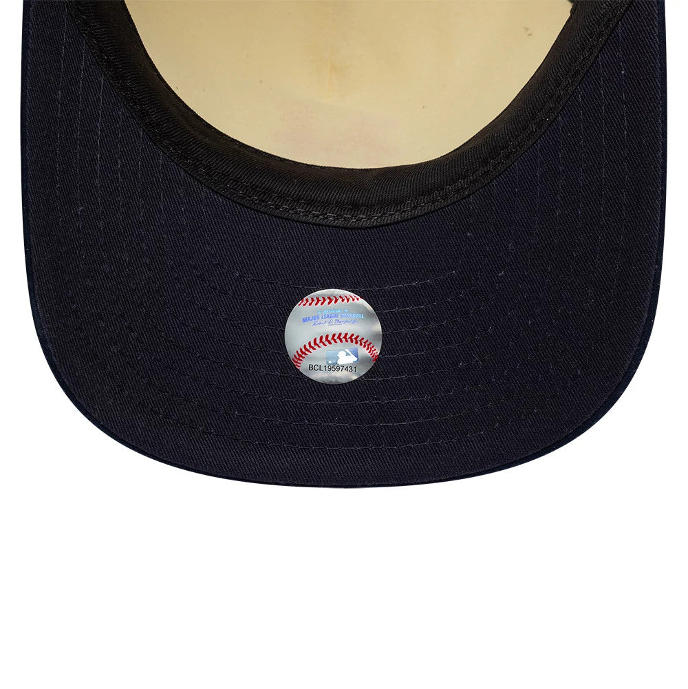 New York Mets MLB Suede Visor Cream New Era 9FIFTY A-Frame Adjustable Cap, inside view featuring a cream-coloured undervisor, black taping around the edges and a distinctive MLB Authentic Collection label with a baseball graphic.