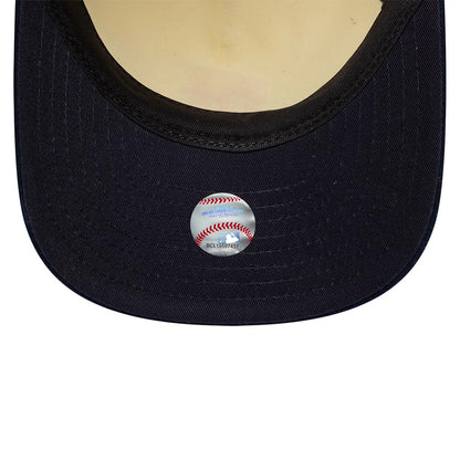 New York Mets MLB Suede Visor Cream New Era 9FIFTY A-Frame Adjustable Cap, inside view featuring a cream-coloured undervisor, black taping around the edges and a distinctive MLB Authentic Collection label with a baseball graphic.