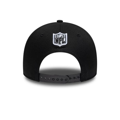 Las Vegas Raiders NFL Black New Era 9FORTY M-Crown Adjustable Cap, rear view showing the white embroidered NFL shield logo at the centre back, with a black adjustable strap and structured black crown featuring small eyelets for detail.