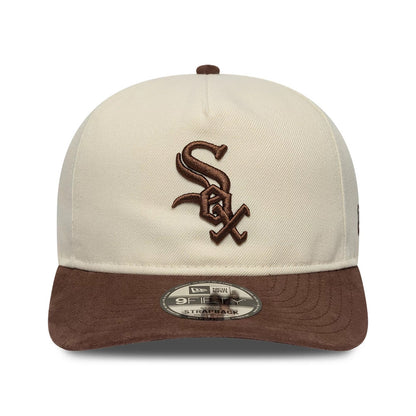 Chicago White Sox MLB Suede Visor Cream New Era 9FIFTY A-Frame Adjustable Cap, front view showing the raised brown embroidered logo on the cream front panel, complemented by a brown suede visor with a 9FIFTY size sticker on top.