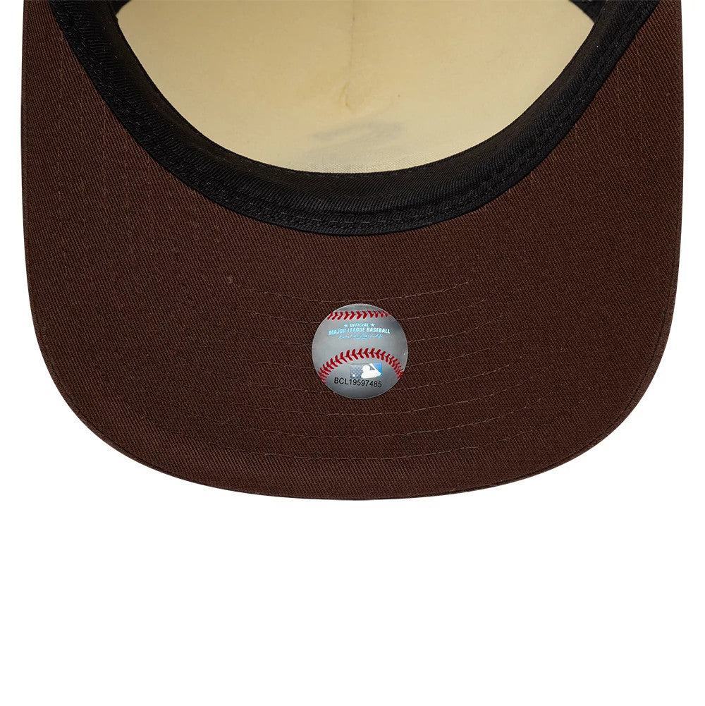 Chicago White Sox MLB Suede Visor Cream New Era 9FIFTY A-Frame Adjustable Cap, inside view showing the brown undervisor, a beige sweatband lining the interior, and a Major League Baseball authenticity sticker at the centre.