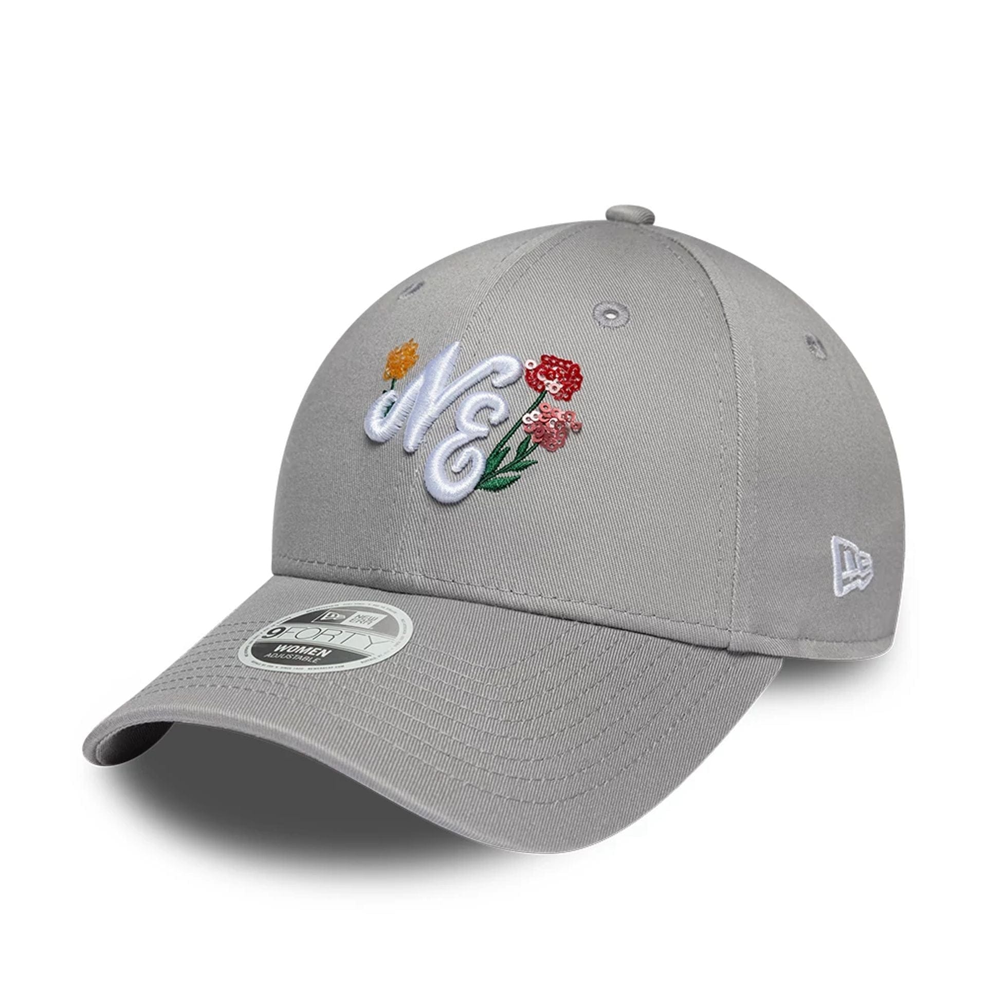 Pictured is this Womens New Era Floral Icon 9FORTY cap in grey. 1