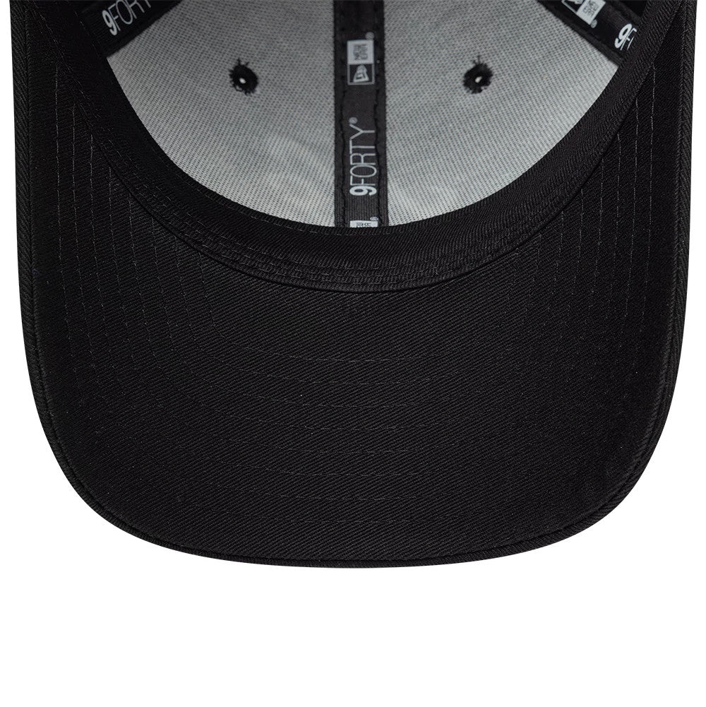 New Era Heritage Connect Black 9FORTY M-Crown Adjustable Cap, inside view showing the grey undervisor contrasted with the black sweatband, with 9FORTY branding on the taping and eyelets on the inner crown.