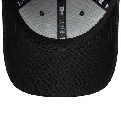 New Era Heritage Connect Black 9FORTY M-Crown Adjustable Cap, inside view showing the grey undervisor contrasted with the black sweatband, with 9FORTY branding on the taping and eyelets on the inner crown.