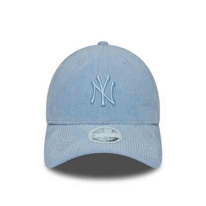 New York Yankees Womens MLB Pastel Cord Blue New Era 9FORTY M-Crown Adjustable Cap, front view showing a light blue NY logo in raised embroidery on the corduroy crown, with a 9FORTY size sticker placed on the curved visor.