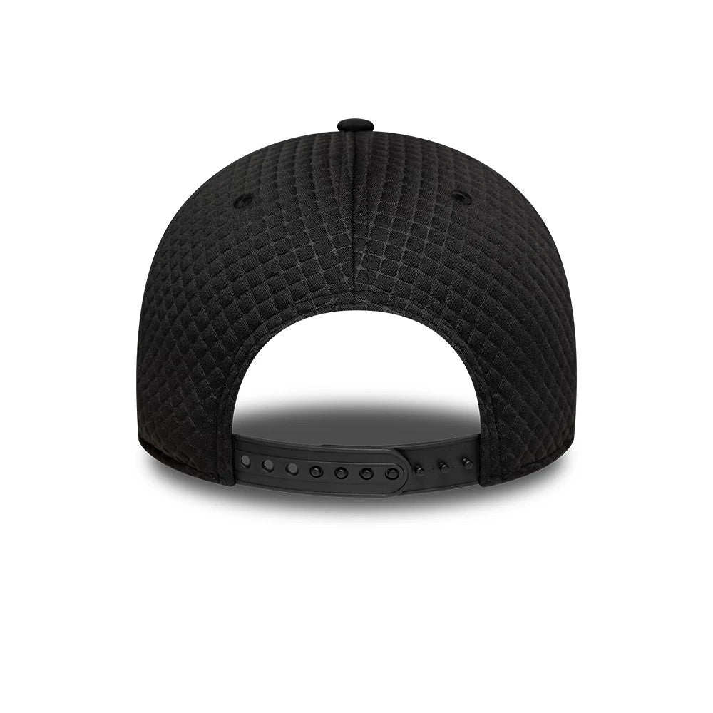 FC Barcelona Featherweight Poly Black New Era 9FORTY M-Crown Adjustable Cap, rear view showing the structured quilted black fabric and an adjustable black snapback closure, with eyelets evenly spaced along the curve of the crown.