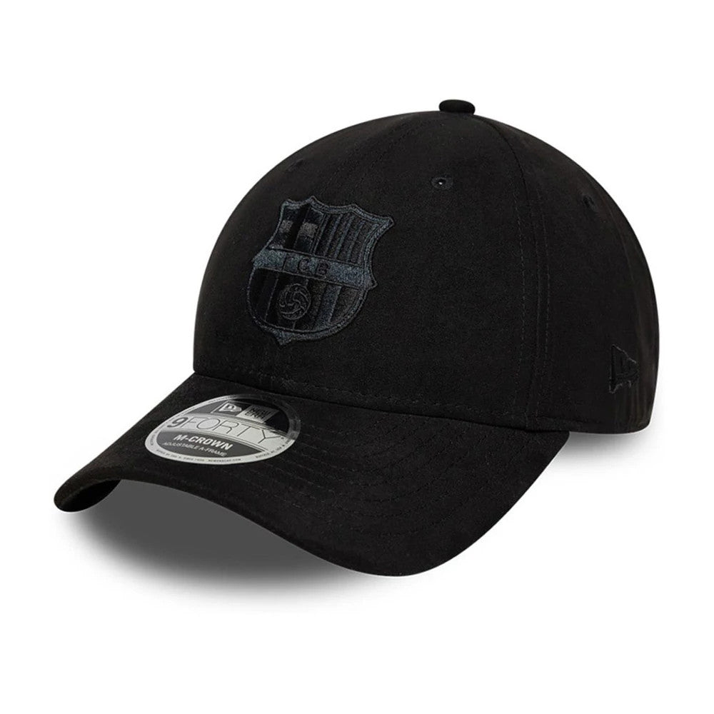 Pictured is this FC Barcelona Faux Suede 9FORTY M-Crown cap in black. 1