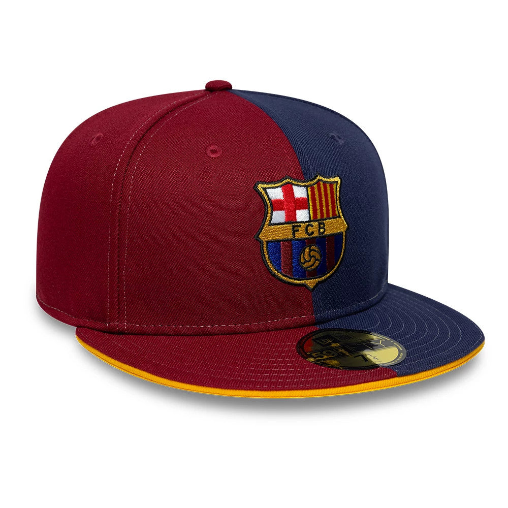 FC Barcelona Dark Red New Era 59FIFTY Fitted Cap, front view showing the embroidered FC Barcelona crest on the front panels, with a split dark red and navy colour design, a flat navy visor, and a gold 59FIFTY size sticker.