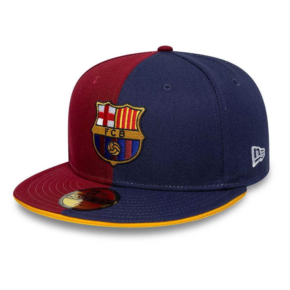 FC Barcelona Dark Red New Era 59FIFTY Fitted Cap, three-quarter view showing the embroidered FCB crest on the structured crown with a split dark red and navy design, a navy visor with yellow edging, and a gold 59FIFTY size sticker on top.