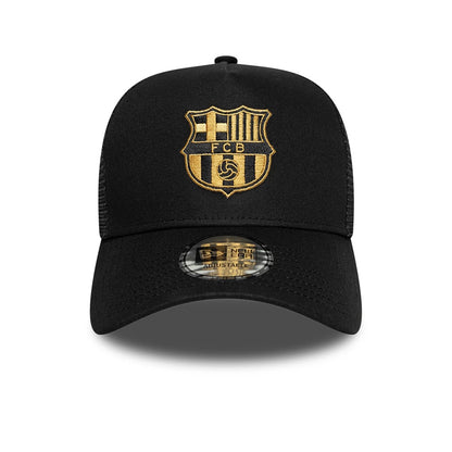 Pictured is this FC Barcelona Black Gold 9FORTY A-Frame Trucker cap in black. 2
