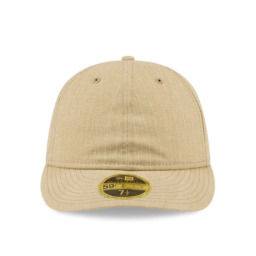 New Era Herringbone Beige Retro Crown 59FIFTY Fitted Cap, front view showing the fine herringbone pattern on the structured beige crown, paired with a matching curved visor and a centrally placed gold 59FIFTY size sticker.