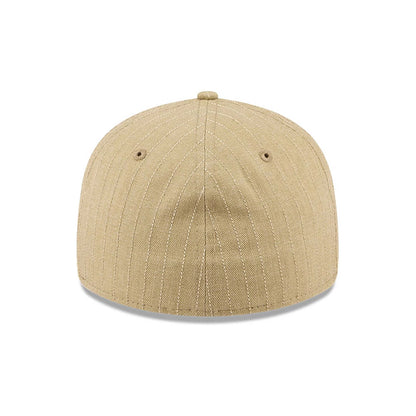 New Era Herringbone Beige Retro Crown 59FIFTY Fitted Cap, rear view showing a seamless design in herringbone pattern, with a structured crown and beige top button, featuring matching embroidered eyelets on the back panels.