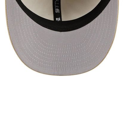 New Era Herringbone Beige Retro Crown 59FIFTY Fitted Cap, inside view showing a grey undervisor with beige stitching, a black inner sweatband, and the New Era 59FIFTY label alongside a white MLB Batterman logo on the taping.