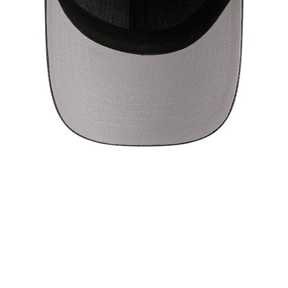 New Era Herringbone Pinstripe Charcoal Casual Classic Adjustable Cap, inside view showing a grey underside of the curved visor with black fabric taping along the seams and a dark sweatband lining the base of the crown.