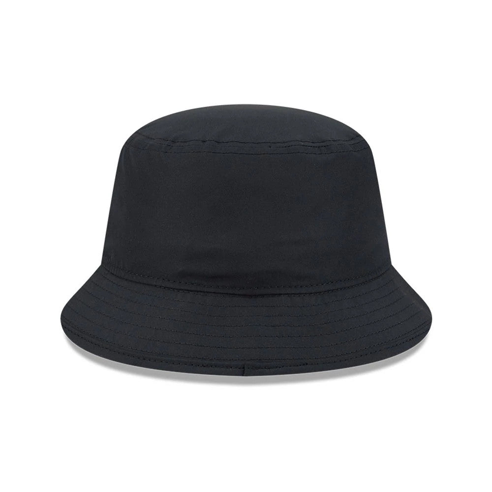 New Era Netflix Stranger Things Black Bucket Hat, front view showing a and simple design with a structured crown, a downward-sloping stitched visor, and a black fabric finish reflecting the minimalistic style of the series.
