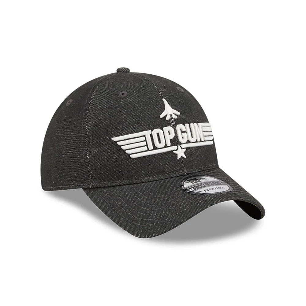 Top Gun Black New Era 9TWENTY Adjustable Cap, three-quarter view showing raised white embroidered Top Gun lettering with a jet graphic on the black front panel, curved black visor with an adjustable strap at the back.