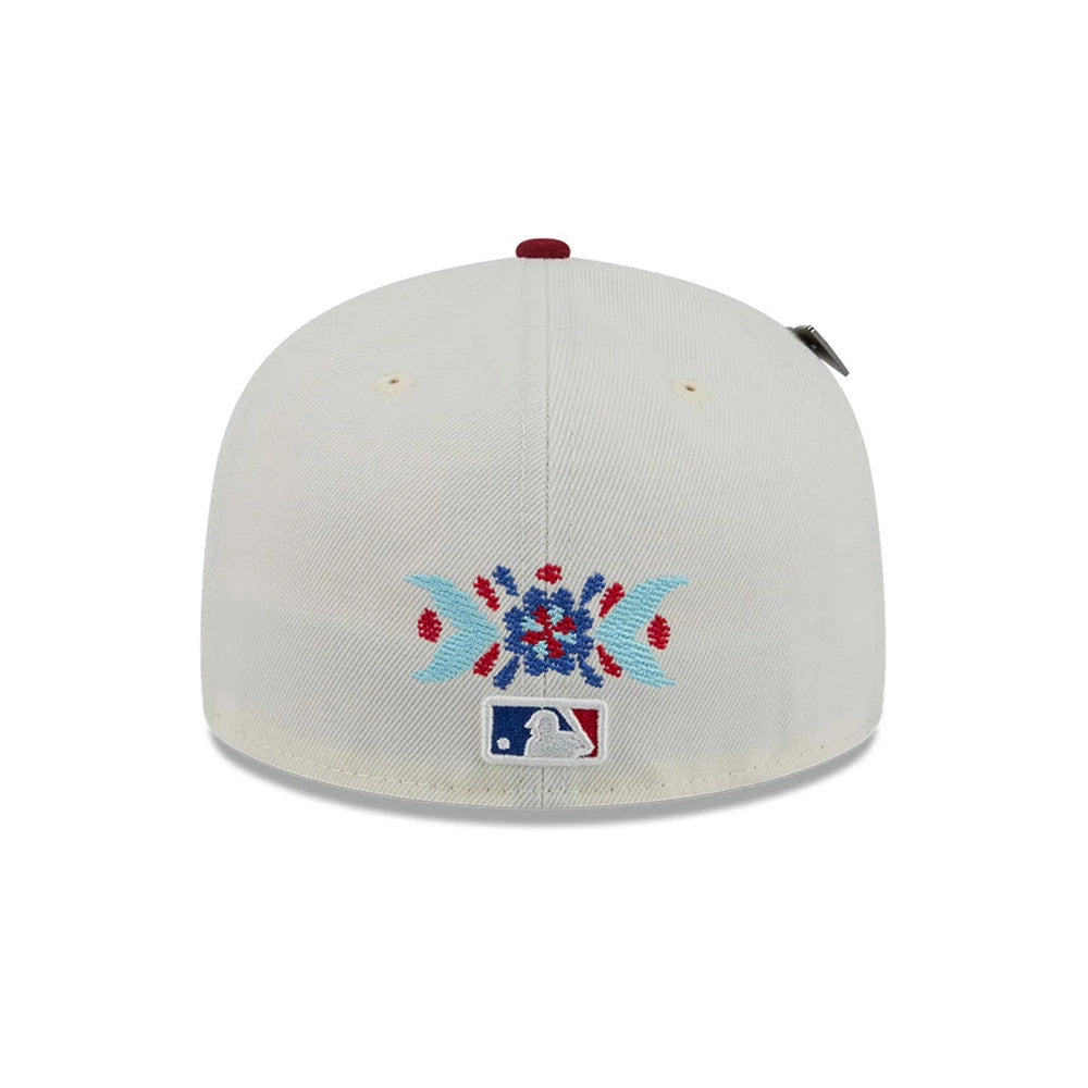 Pictured is this MLB Day Of The Dead Atlanta Braves 59FIFTY Fitted cap in light beige & dark red. 7