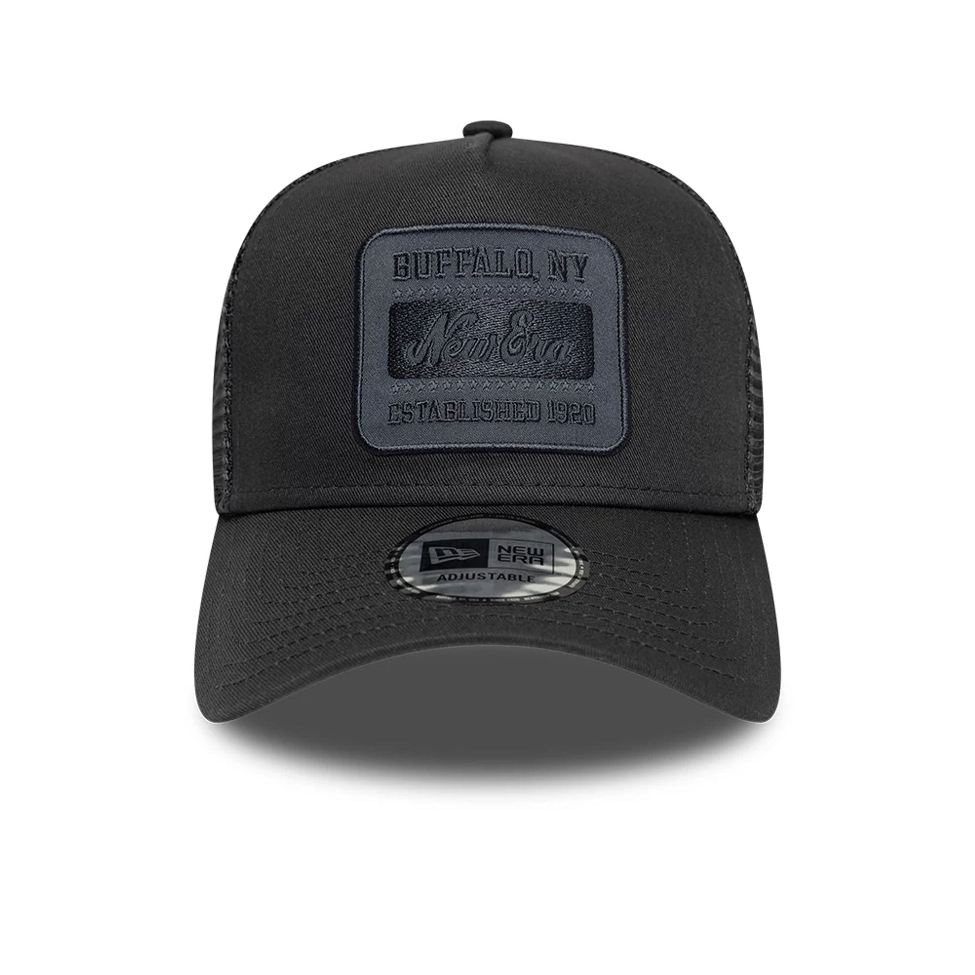 Pictured is this New Era Patch 9FORTY A-Frame Trucker Adjustable cap in charcoal. 2