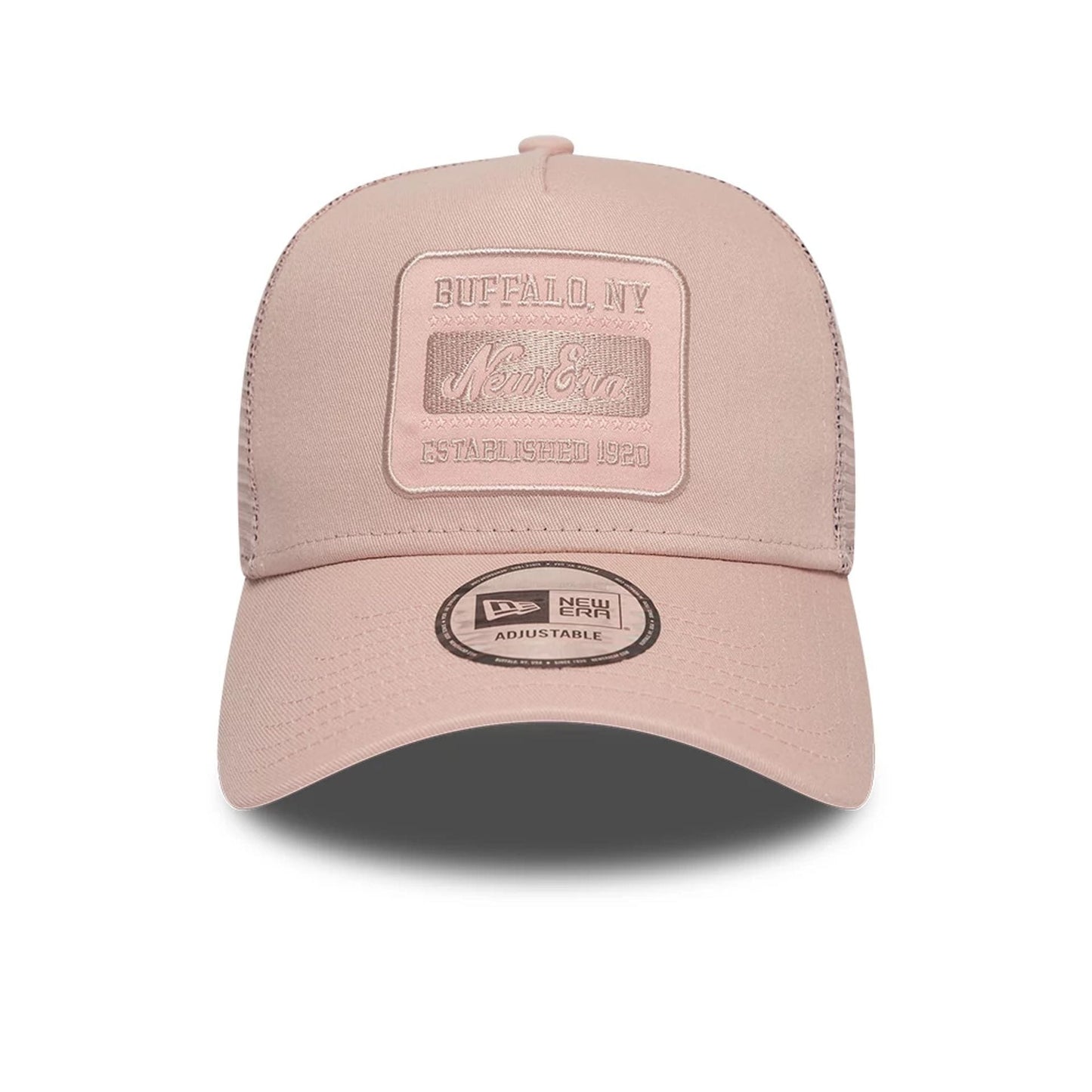 Pictured is this New Era Patch 9FORTY A-Frame Trucker Adjustable cap in pastel pink. 2