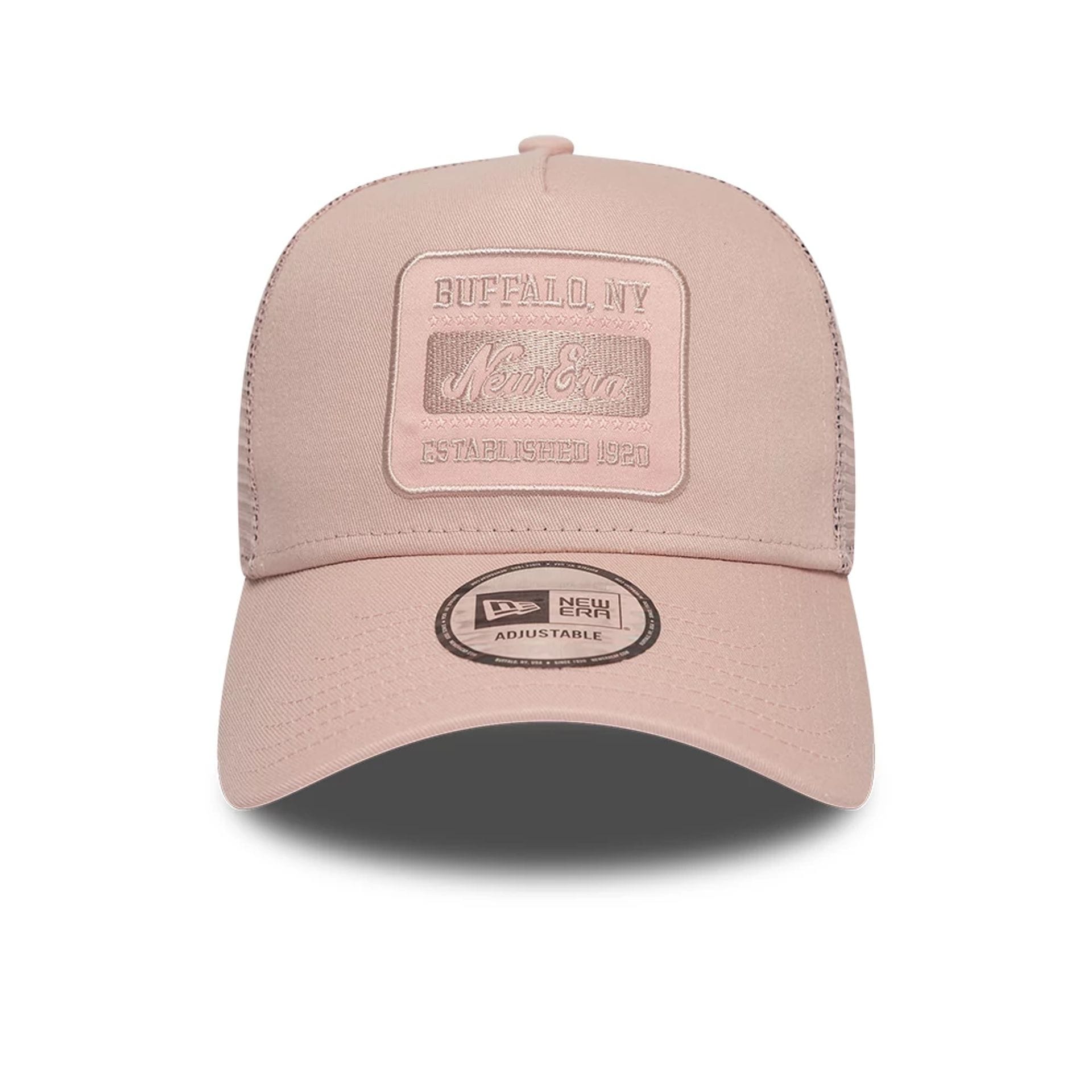 Pictured is this New Era Patch 9FORTY A-Frame Trucker Adjustable cap in pastel pink. 2