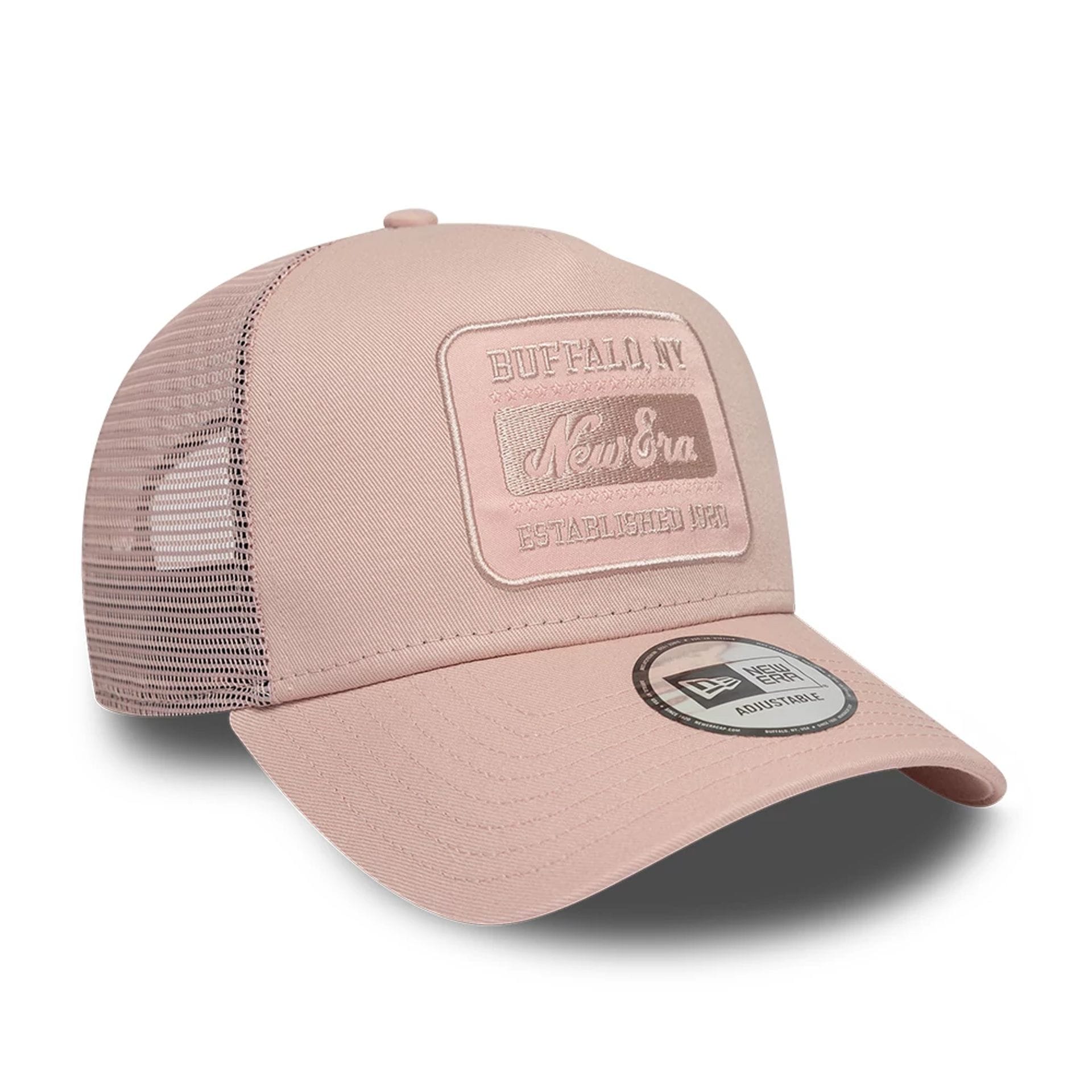 Pictured is this New Era Patch 9FORTY A-Frame Trucker Adjustable cap in pastel pink. 3