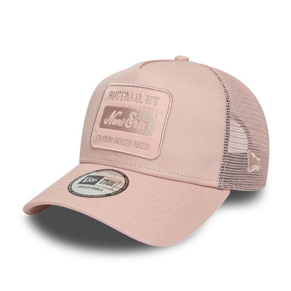 Pictured is this New Era Patch 9FORTY A-Frame Trucker Adjustable cap in pastel pink. 1