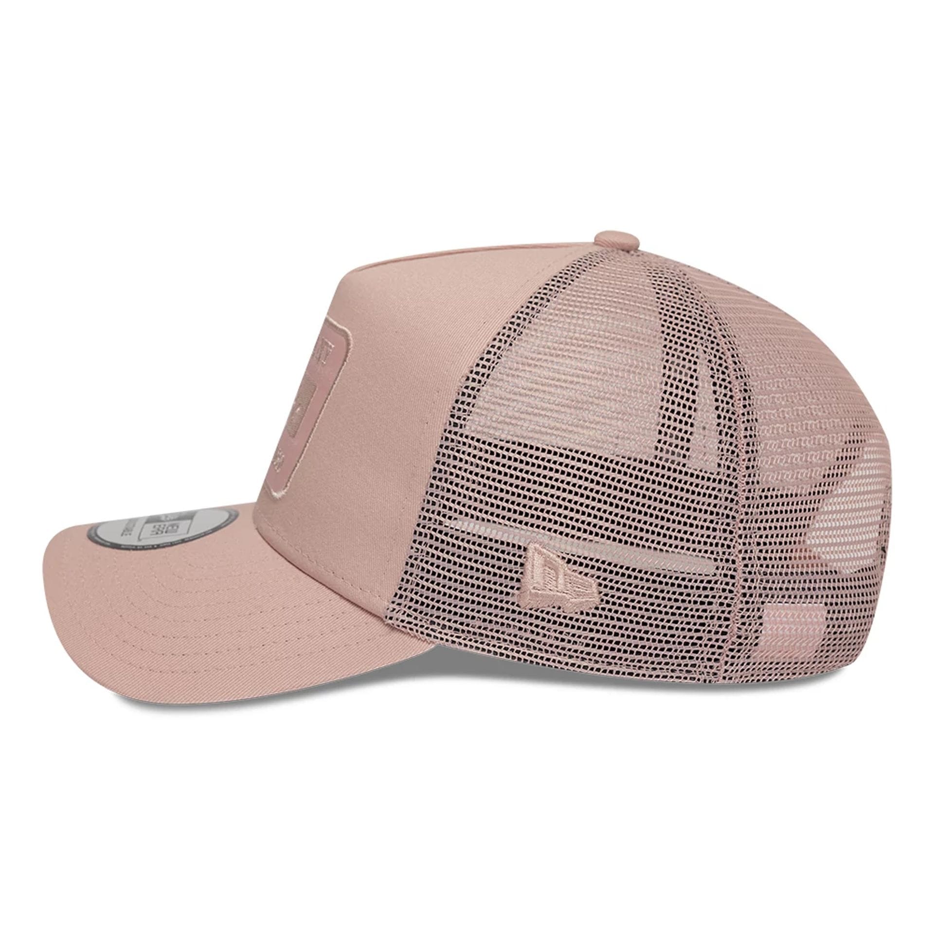 Pictured is this New Era Patch 9FORTY A-Frame Trucker Adjustable cap in pastel pink. 5