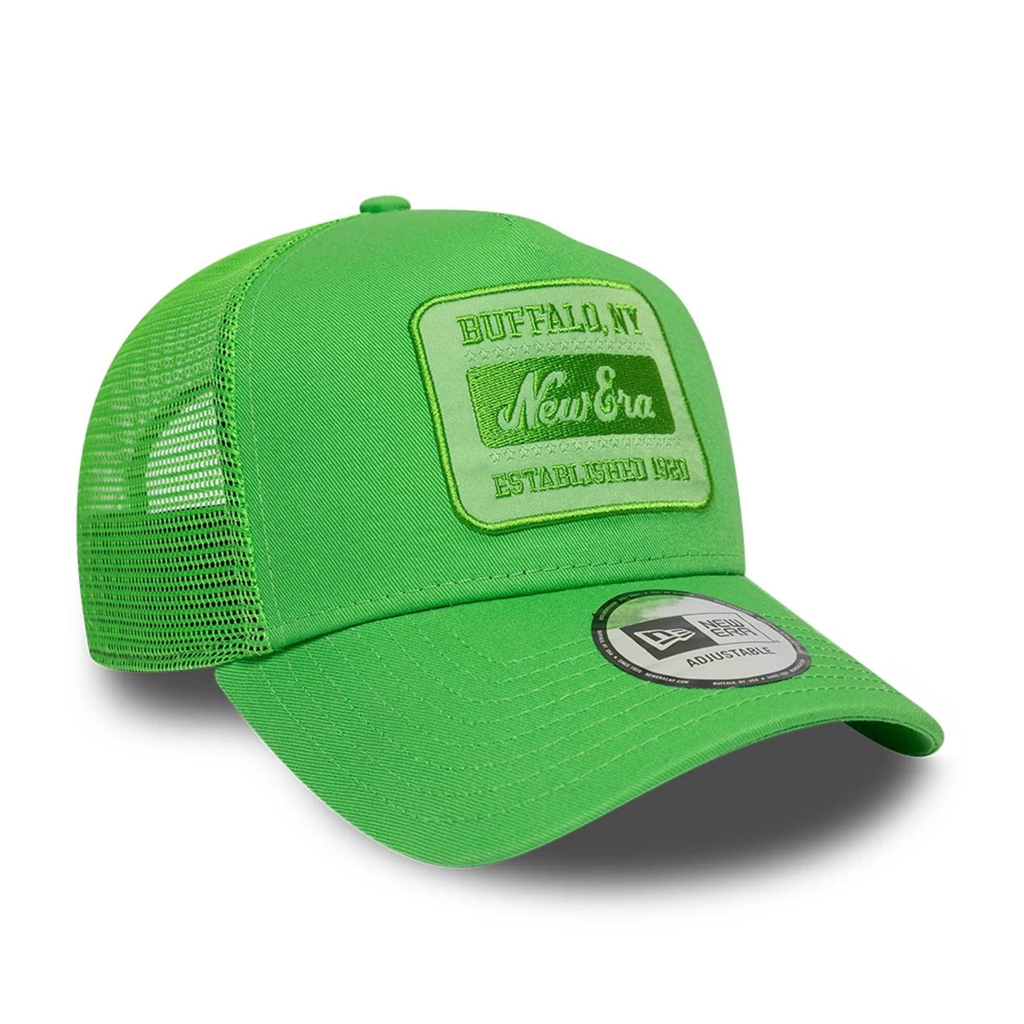 Pictured is this New Era Patch 9FORTY A-Frame Trucker Adjustable cap in open green. 3
