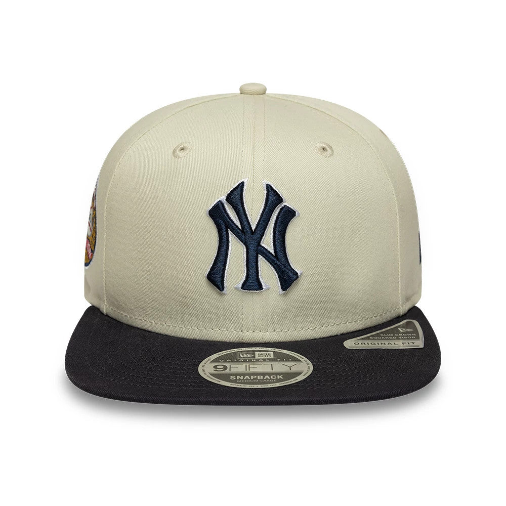 Pictured is this MLB World Series Patch New York Yankees 9FIFTY Snapback Adjustable cap in light beige. 2