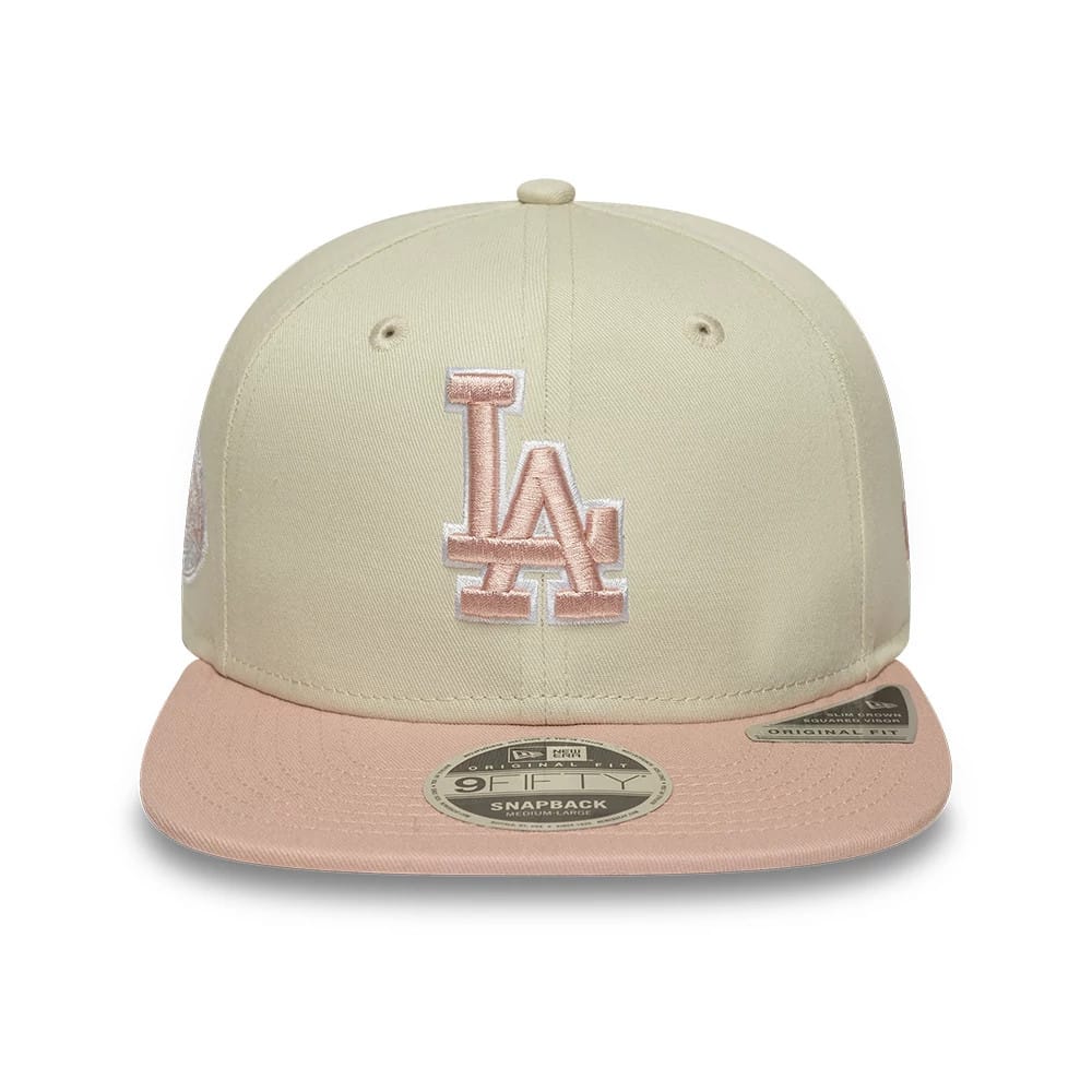Pictured is this MLB World Series Patch LA Dodgers 9FIFTY Snapback Adjustable cap in light beige. 2