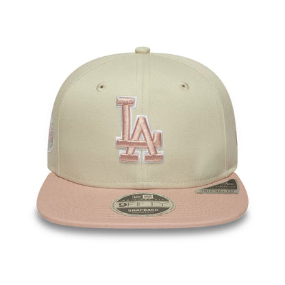 Pictured is this MLB World Series Patch LA Dodgers 9FIFTY Snapback Adjustable cap in light beige. 2