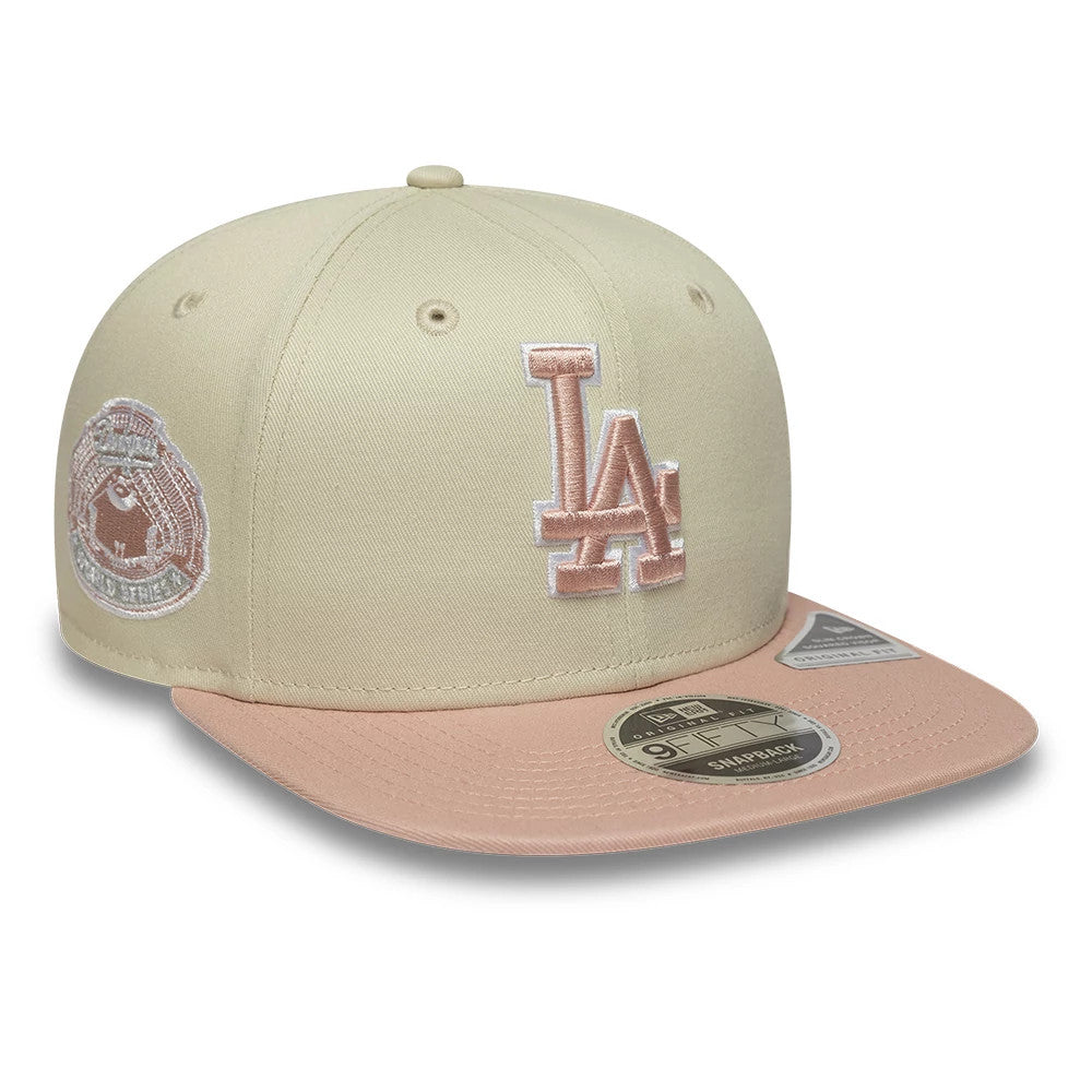 Pictured is this MLB World Series Patch LA Dodgers 9FIFTY Snapback Adjustable cap in light beige. 1