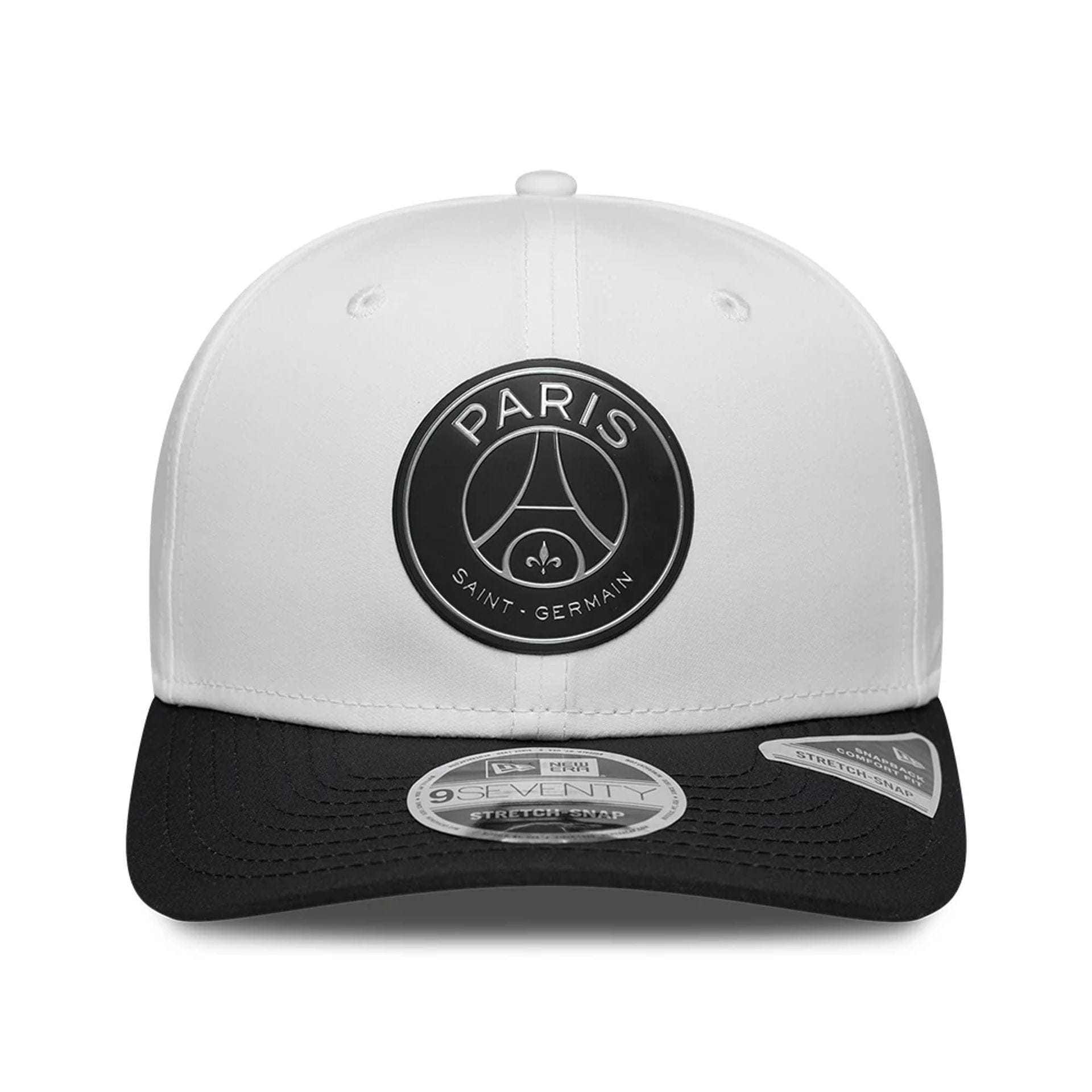 Pictured is this Paris Saint Germain 5th Kit 9SEVENTY Stretch Snap Adjustable cap in white. 2