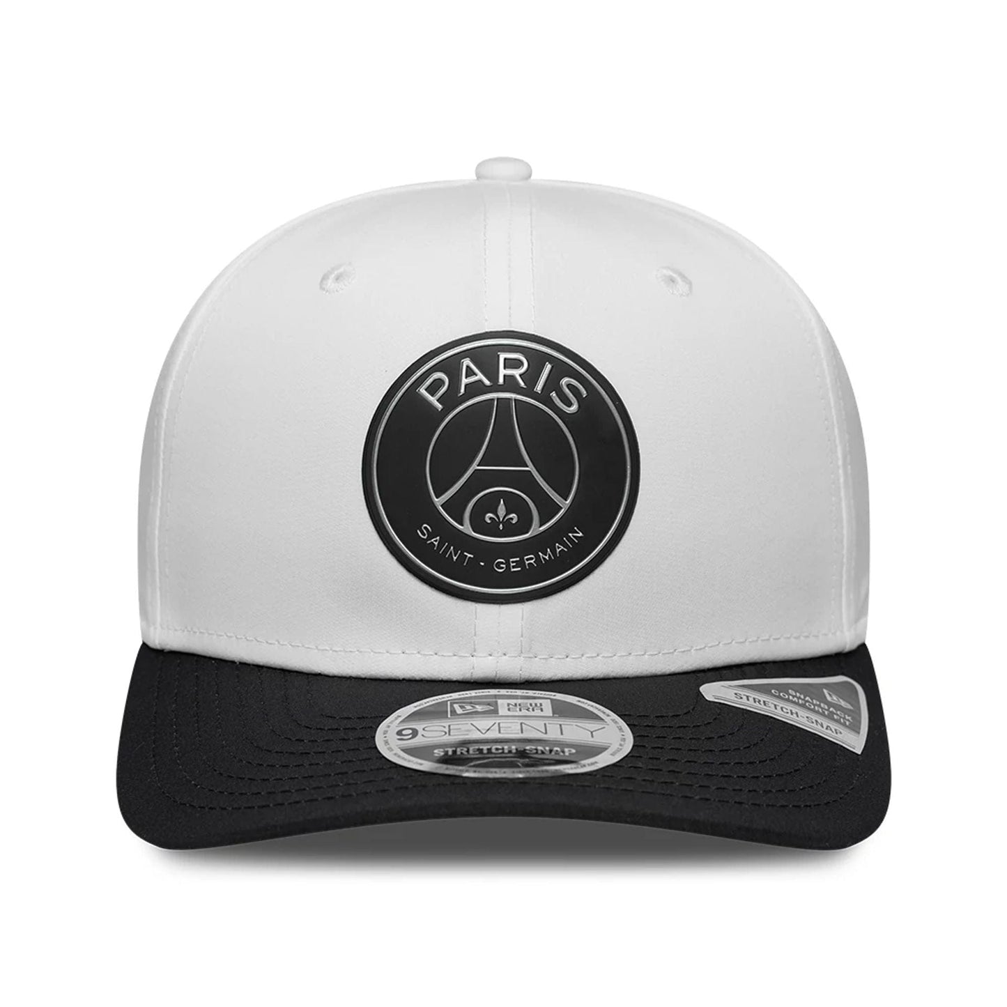 Pictured is this Paris Saint Germain 5th Kit 9SEVENTY Stretch Snap Adjustable cap in white. 2