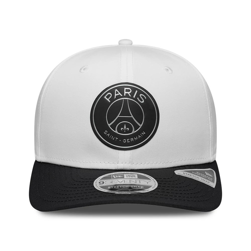 Pictured is this Paris Saint-Germain Metallic 9SEVENTY Stretch Snap Adjustable cap in white. 2