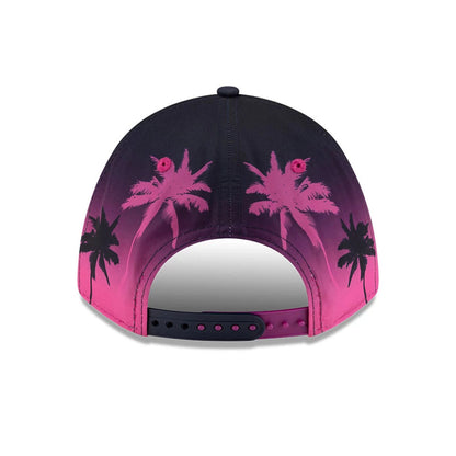 Williams Miami Navy New Era 9FORTY M-Crown A-Frame Adjustable Cap, rear view showing the pink and navy gradient design with palm tree graphics on the back panels, featuring a navy adjustable strap with pink snaps.