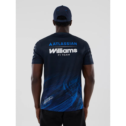 The model is wearing this Alex Albon Atlassian Williams F1 Team Tech T-shirt in navy. 2
