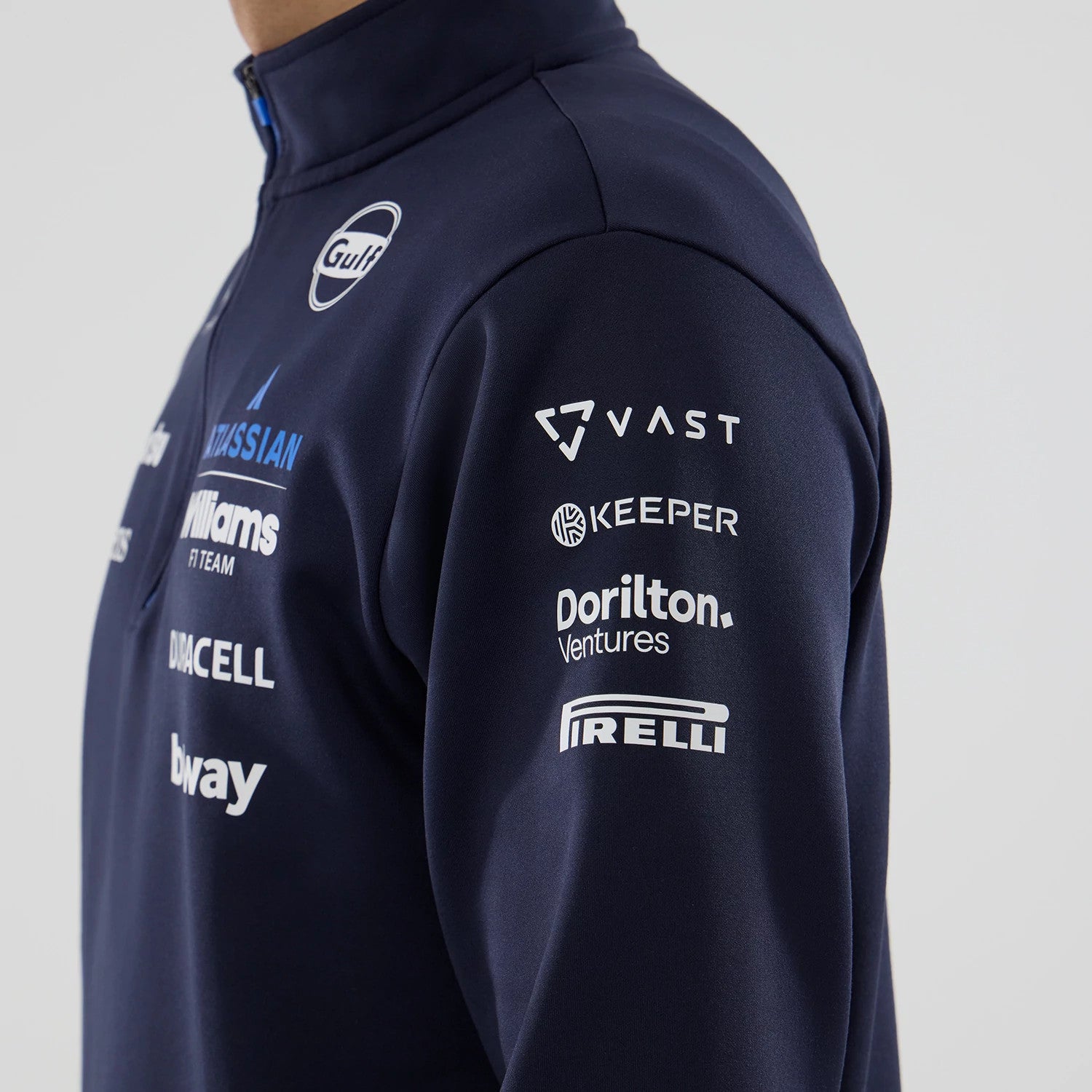 The model is wearing this Atlassian Williams F1 Team Mid Layer 1/4 Zip Sweatshirt in navy. 3
