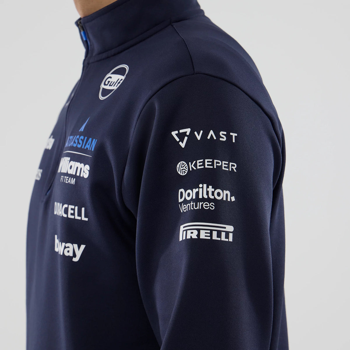 New Era Williams Navy Mid Layer 1/4 Zip Sweater, side view on a model showing various sponsor logos in white on the navy fabric, including Gulf on the chest and VAST on the sleeve, with a high collar and zip detail.