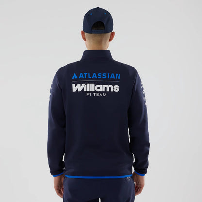 The model is wearing this Atlassian Williams F1 Team Mid Layer 1/4 Zip Sweatshirt in navy. 2