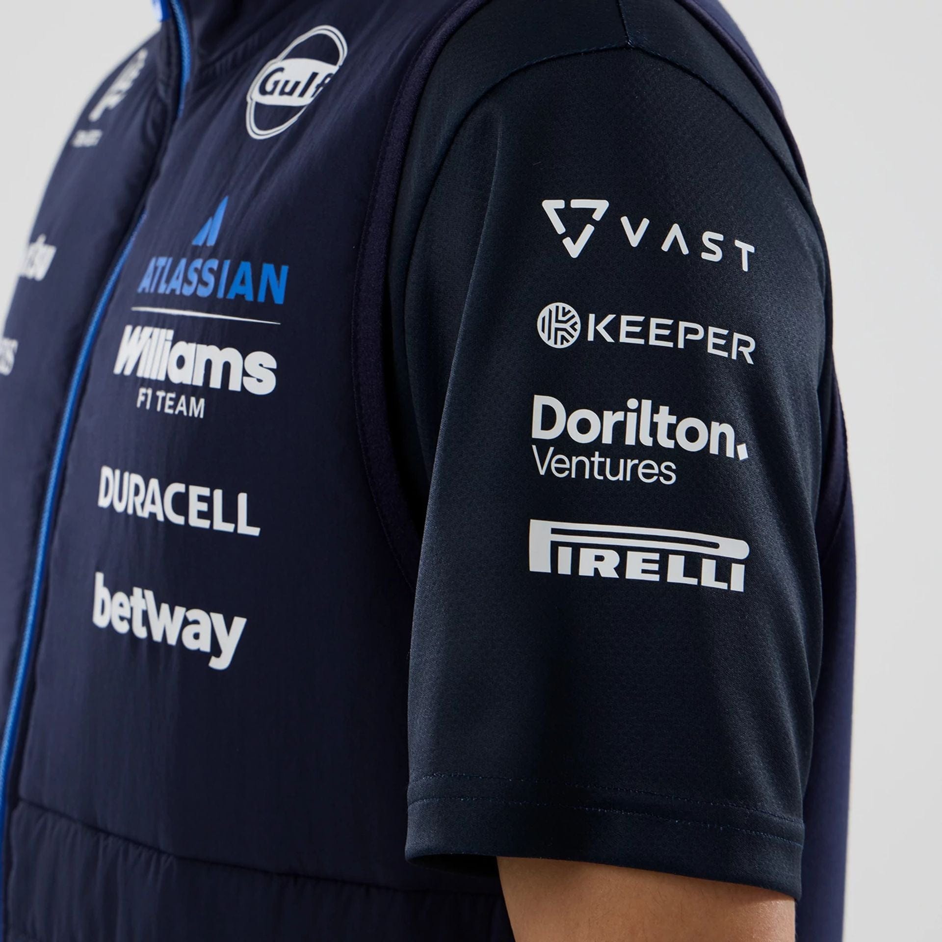 The model is wearing this Atlassian Williams F1 Team Gilet in navy. 4