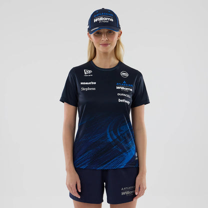 New Era Williams Womens Navy Tech T-shirt, front view on a model wearing matching shorts and cap, featuring printed sponsor logos across the chest including Williams, Duracell, and Gulf, a white New Era logo near the left shoulder.