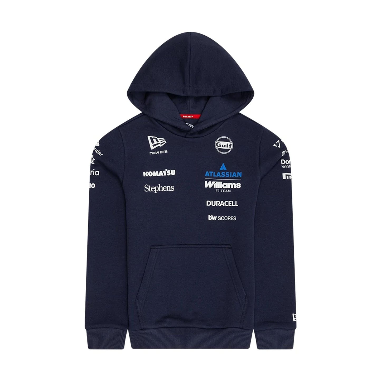 The model is wearing this Youth Replica Atlassian Williams F1 Team Pullover Hoodie in navy. 1