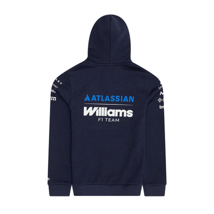 The model is wearing this Youth Replica Atlassian Williams F1 Team Pullover Hoodie in navy. 2