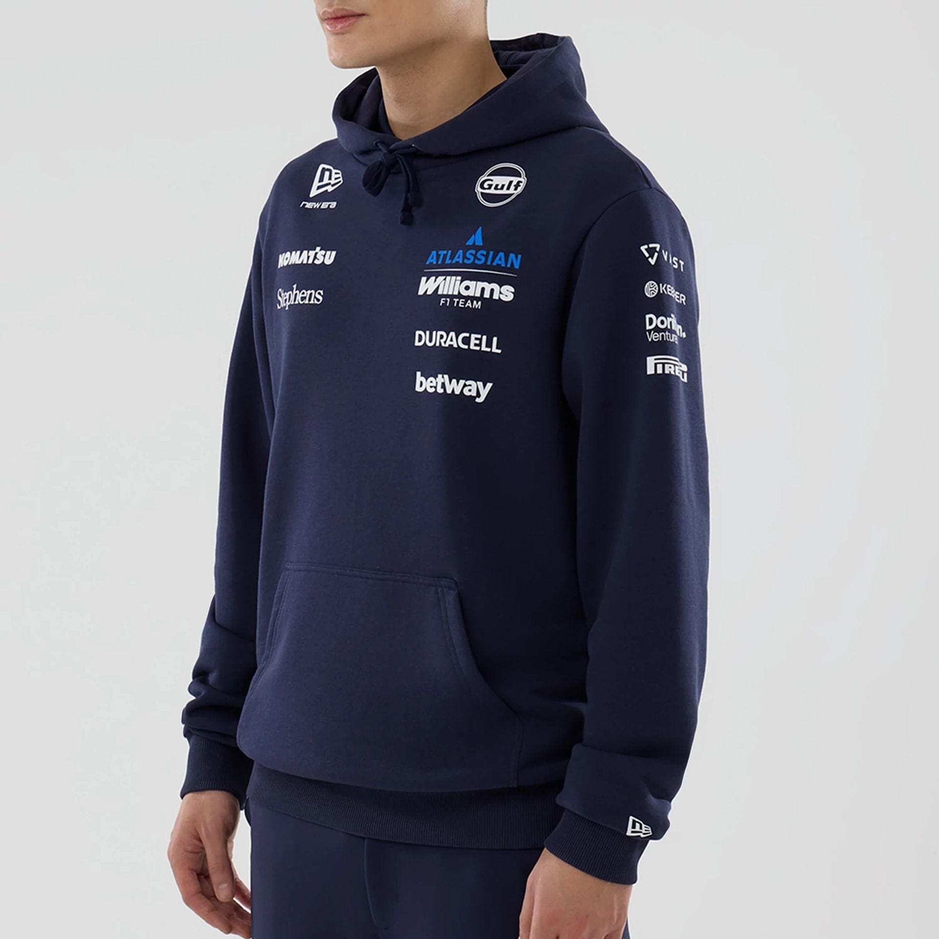 The model is wearing this Replica Atlassian Williams F1 Team Pullover Hoodie in navy. 5