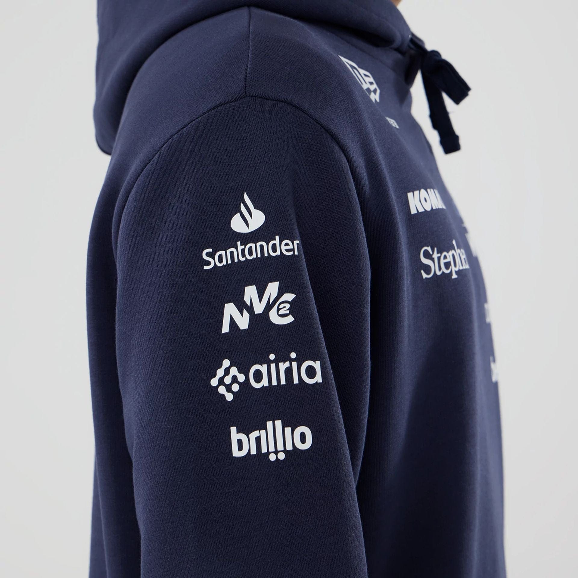 The model is wearing this Replica Atlassian Williams F1 Team Pullover Hoodie in navy. 4